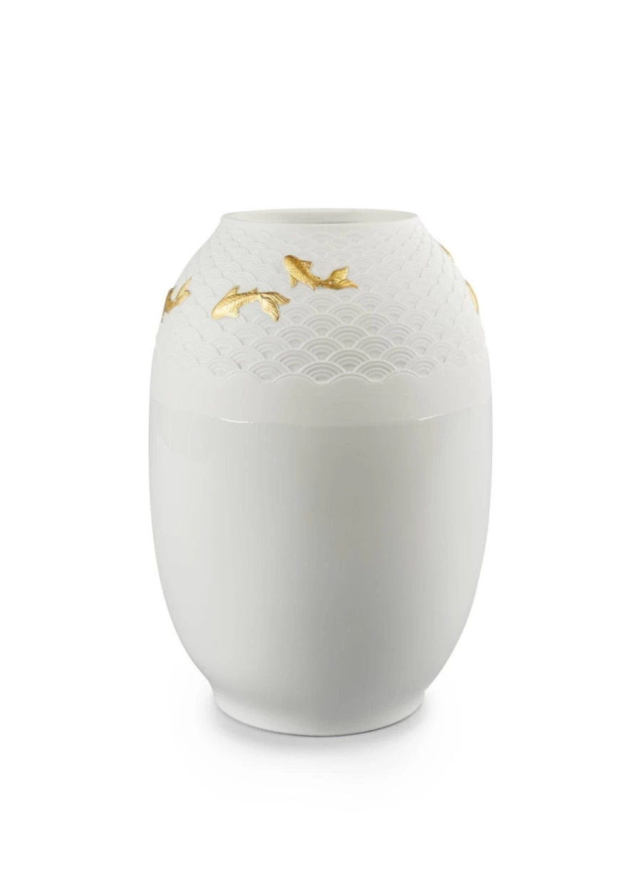 Lladró Golden Koi Fish Vase - Handcrafted Porcelain Decorative Vase with Luster Finish