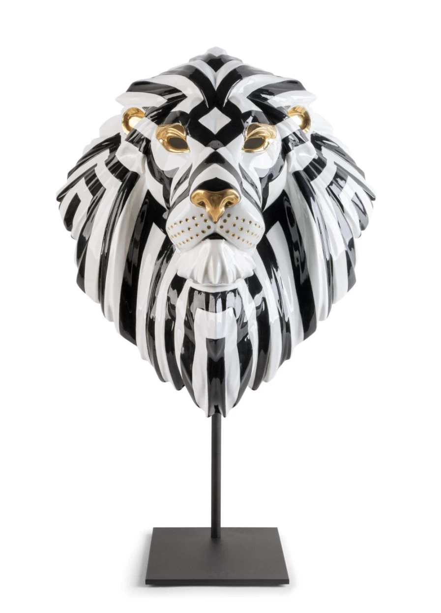 Lladró Black and Gold Lion Mask - Handcrafted Porcelain Art Collectible