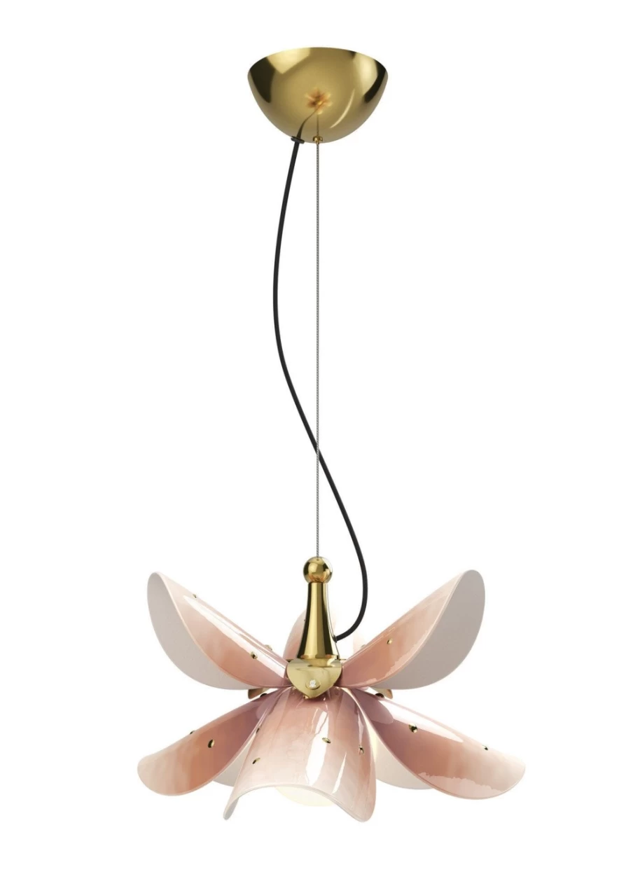 Lladró Blossom Pink and Gold Hanging Lamp - Elegant Floral Ceiling Light for Home Decor