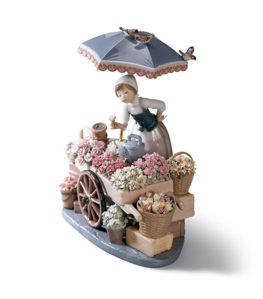 "Lladró Porcelain Sculpture: Elegant Woman with Seasonal Flowers Art Piece"