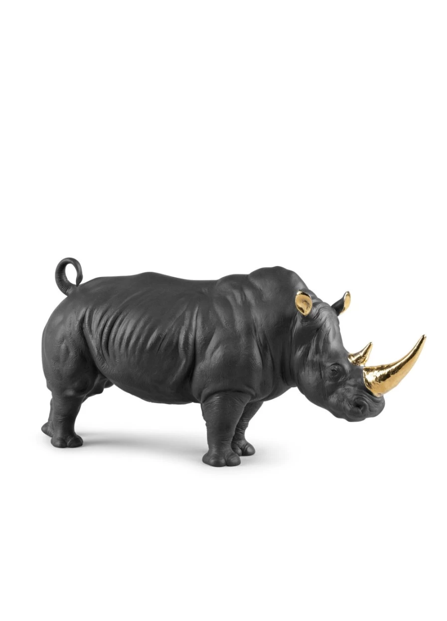 Lladró Limited Edition Rhino Sculpture in Black and Gold - Collectible Art Figurine