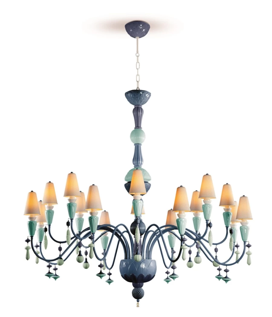 Lladró Ivy And Seed 16-Light Chandelier - Large Flat Ocean Design Crystal Ceiling Light Fixture