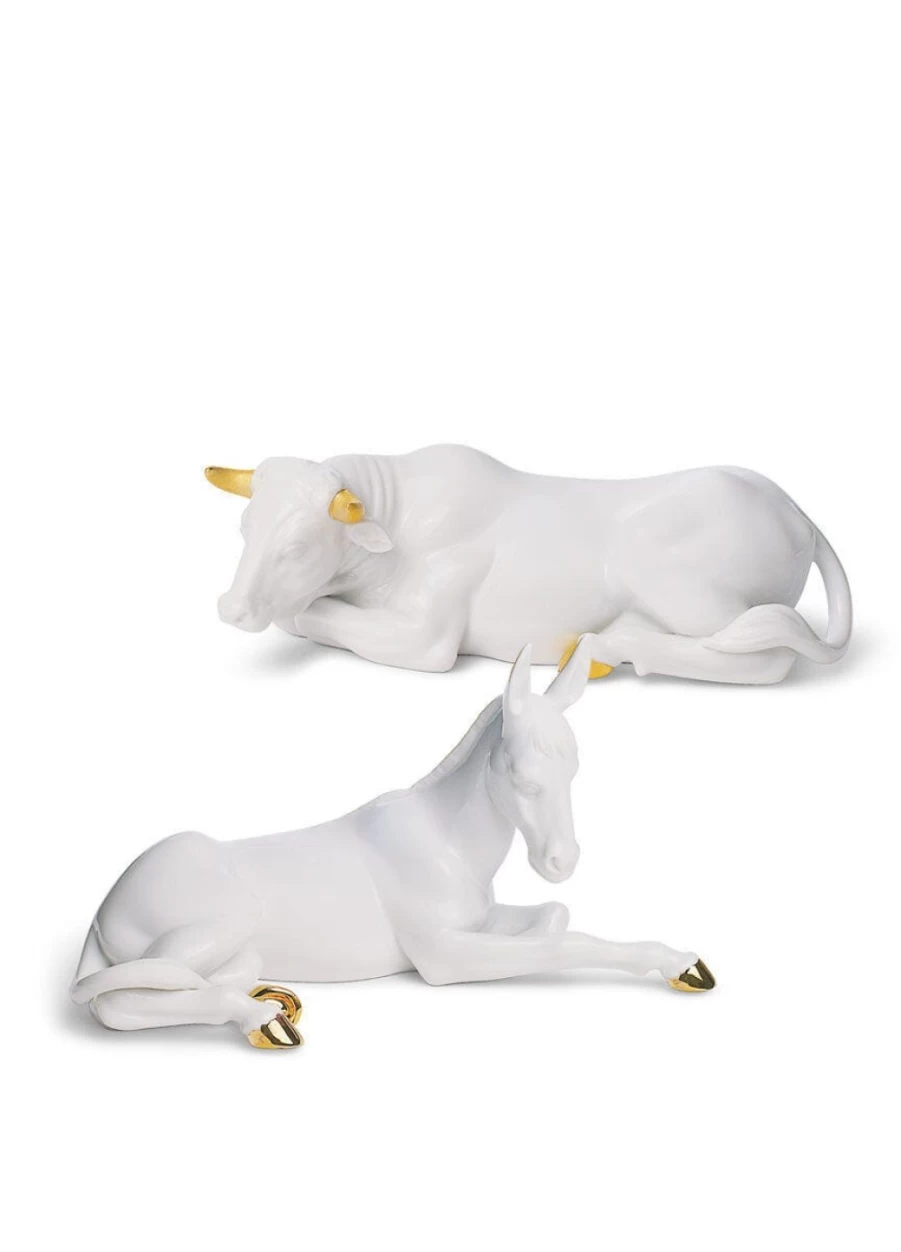 "Lladró Ox & Donkey Figurine Set – Handcrafted Porcelain Animal Sculptures"