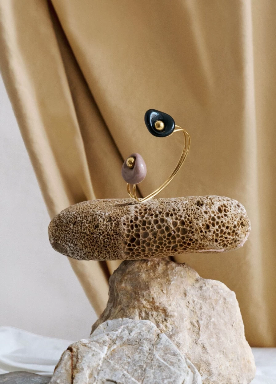 Lladró Golden Pebbles Cuff Bracelet in Black, Beige, and Gold Luster