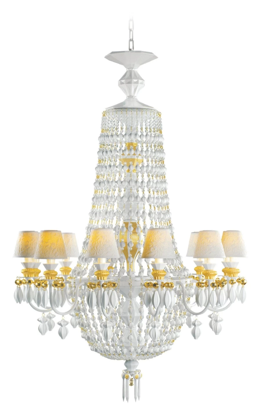Lladró Winter Palace 12-Light Golden Chandelier – Elegant Crystal Ceiling Light for Luxury Dining Room & Living Room Decor
