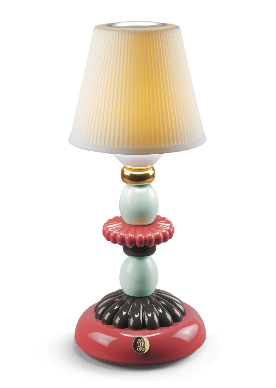 Lladró Golden Fall Table Lamp with Lotus and Firefly Design - Red Coral Finish