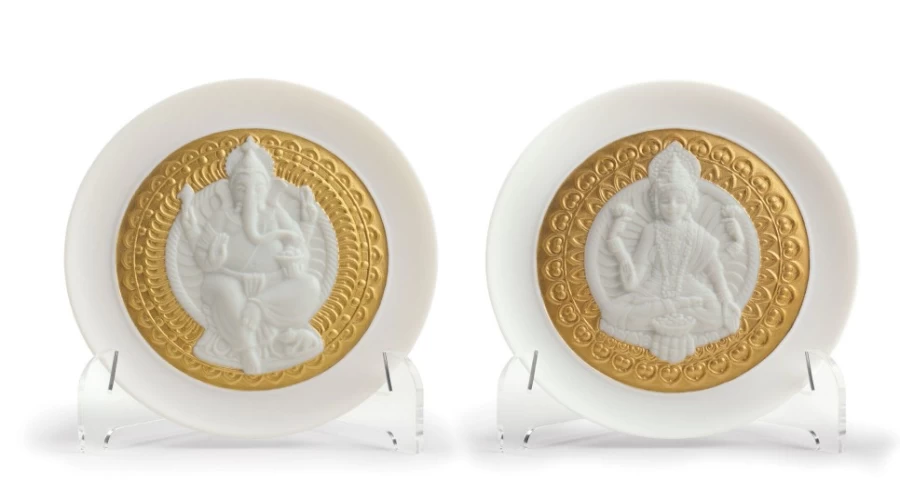 "Lladró Golden Lustre Decorative Plate Set Featuring Goddess Lakshmi and Lord Ganesha"