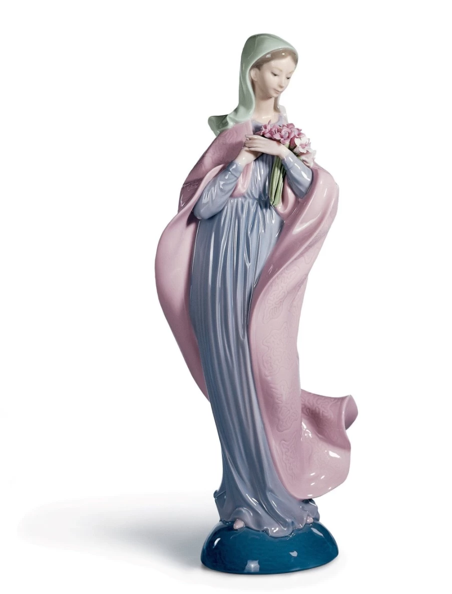 Lladró Our Lady With Flowers Porcelain Figurine - Handcrafted Religious Collectible Statue