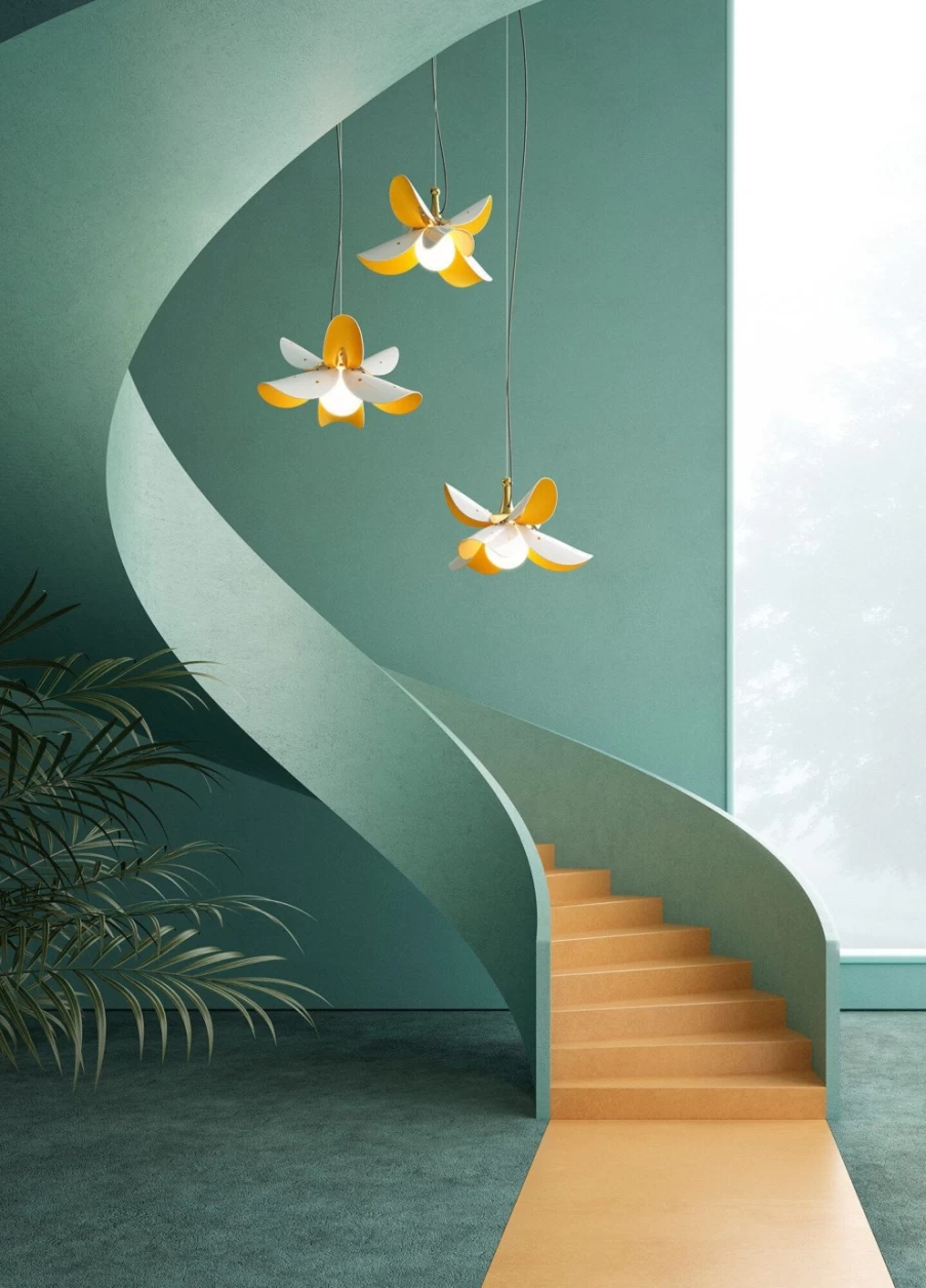 Lladró Blossom White and Gold Hanging Lamp – Elegant Floral Ceiling Light for Home Decor
