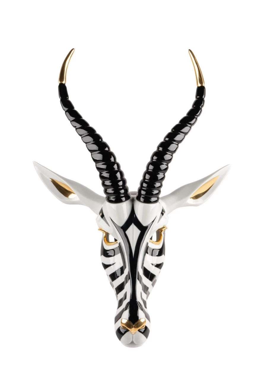 Lladró Black and Gold Antelope Mask - Elegant Porcelain Art Piece