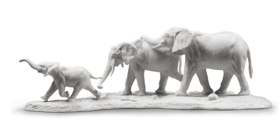 "Lladró White Elephants Sculpture - We Follow In Your Steps Collectible Figurine"