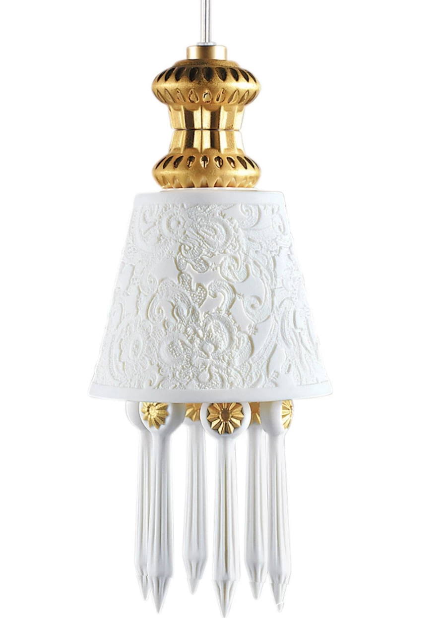 Lladró Belle De Nuit Ceiling Lamp with Lithophane Shade in Golden Luster – Elegant Handcrafted Porcelain Lighting