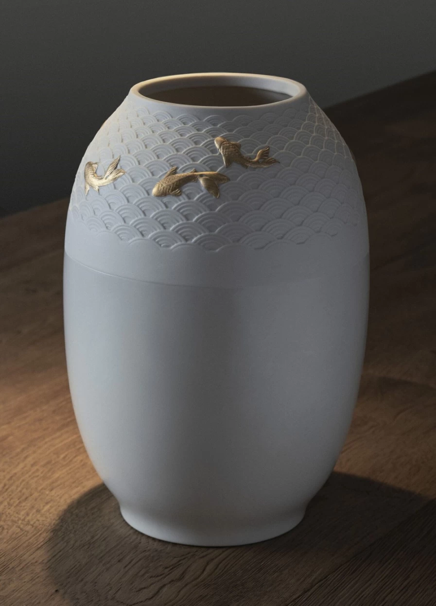 Lladró Golden Koi Fish Vase - Handcrafted Porcelain Decorative Vase with Luster Finish