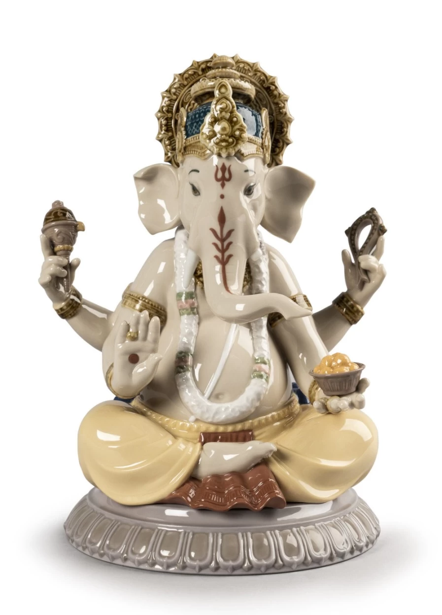 Lladró Exquisite Porcelain Lord Ganesha Figurine - Handcrafted Hindu Deity Statue for Home Decor