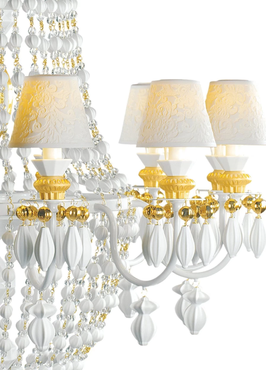 Lladró Winter Palace 12-Light Golden Chandelier – Elegant Crystal Ceiling Light for Luxury Dining Room & Living Room Decor