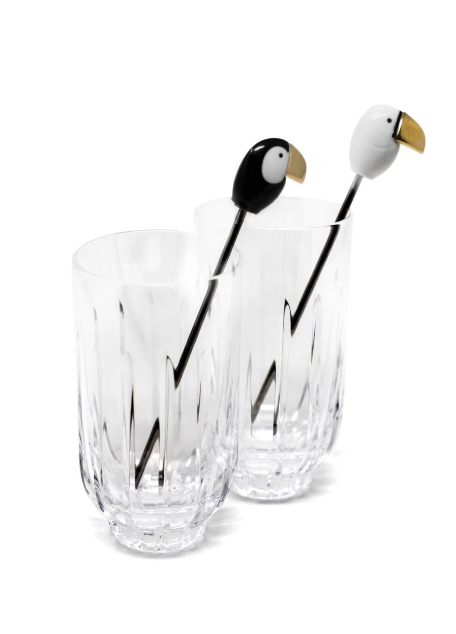 Lladró Toucan Crystal Highball Glasses Set with Golden Stirrers – 2 Tall Elegant Drinking Cups