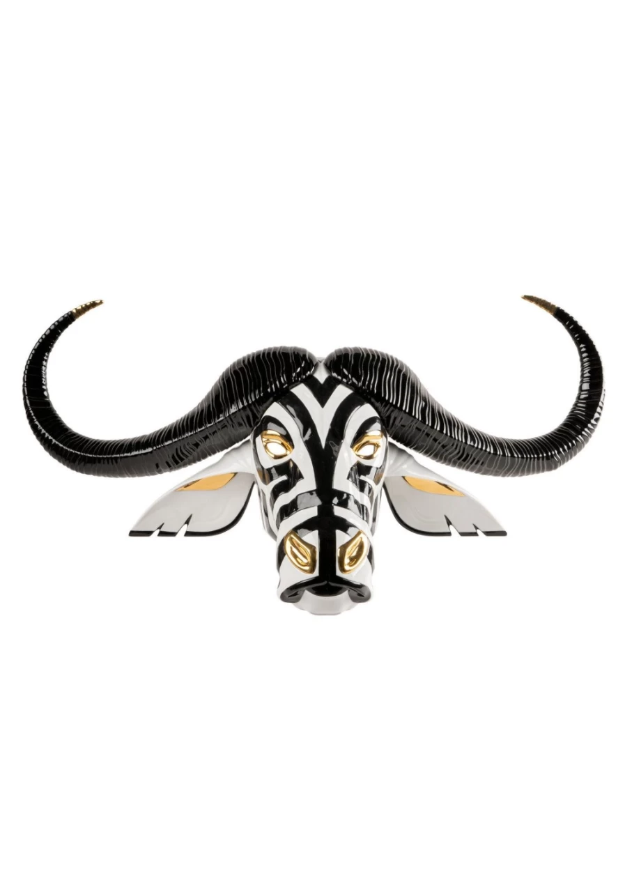 Lladró Buffalo Mask Sculpture - Black and Gold Porcelain Art Piece
