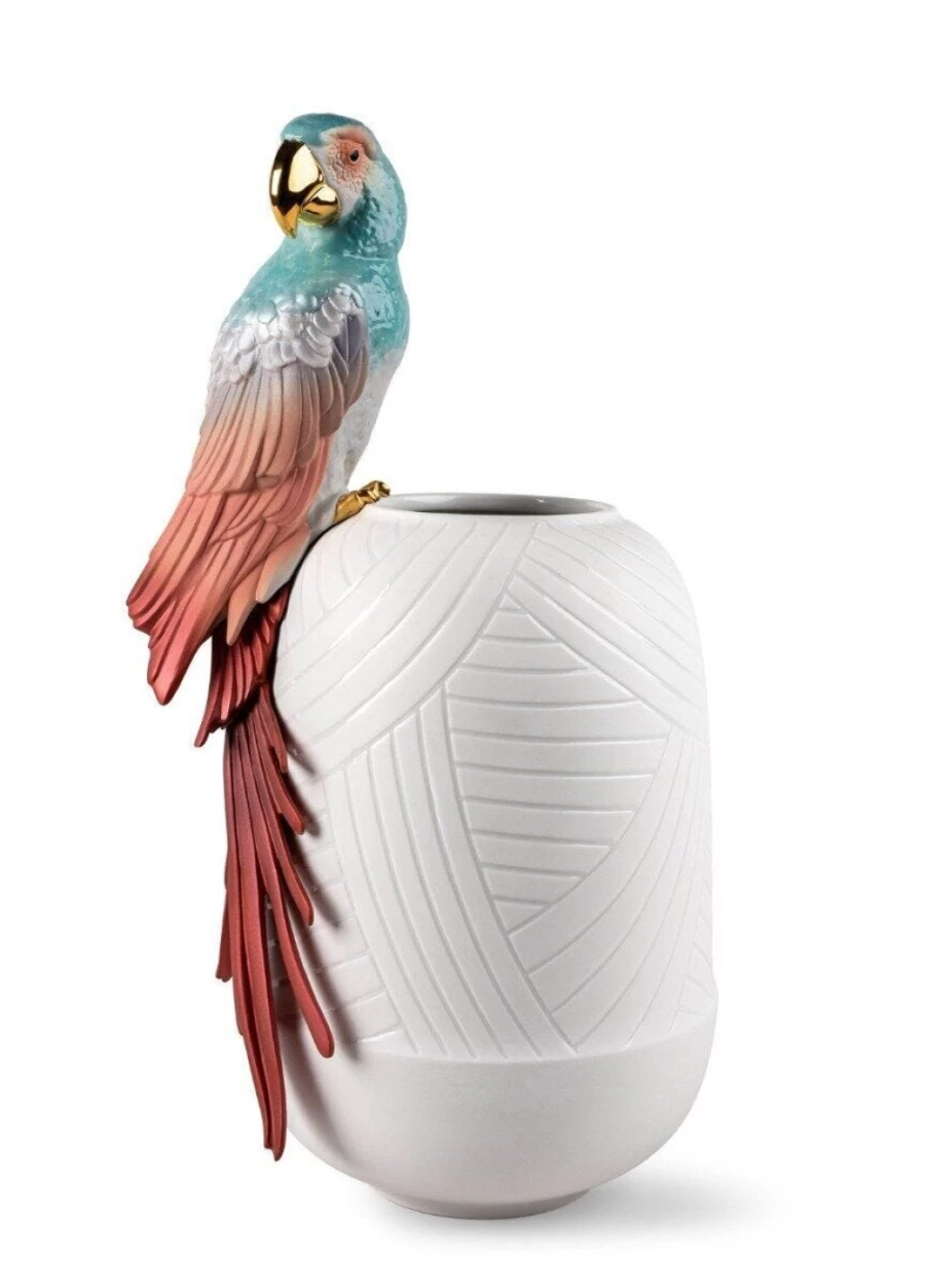 Lladró Red Macaw Parrot Figurine Vase - Handcrafted Porcelain Home Decor