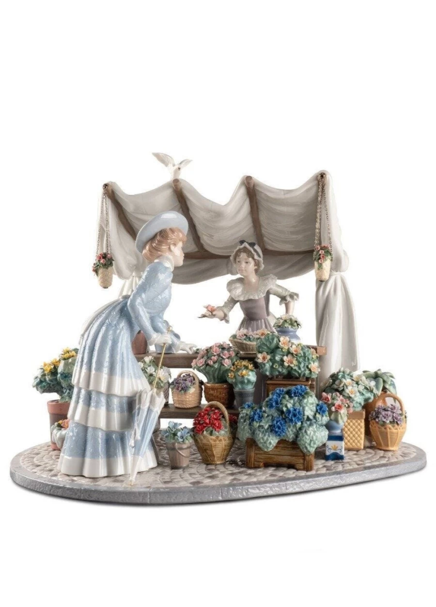 "Lladró Limited Edition Flowers Market Sculpture – Collectible Porcelain Art Figurine"