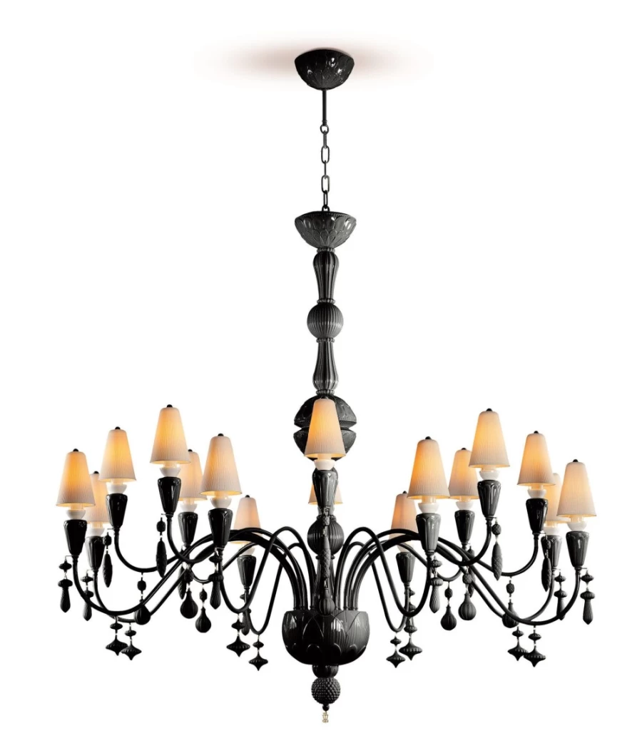 Lladró Ivy And Seed 16-Light Flat Chandelier in Absolute Black - Large Modern Ceiling Lighting for US Homes