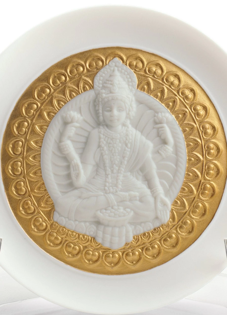 "Lladró Golden Lustre Decorative Plate Set Featuring Goddess Lakshmi and Lord Ganesha"