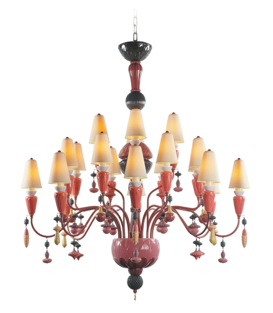 Lladró Ivy And Seed Medium Chandelier with 20 Lights in Red Coral - Elegant Ceiling Lighting for Home Decor