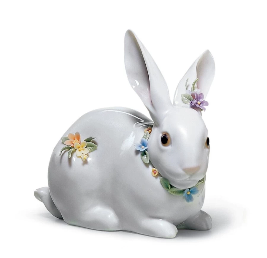 Lladró Attentive Bunny Porcelain Figurine with Floral Accents