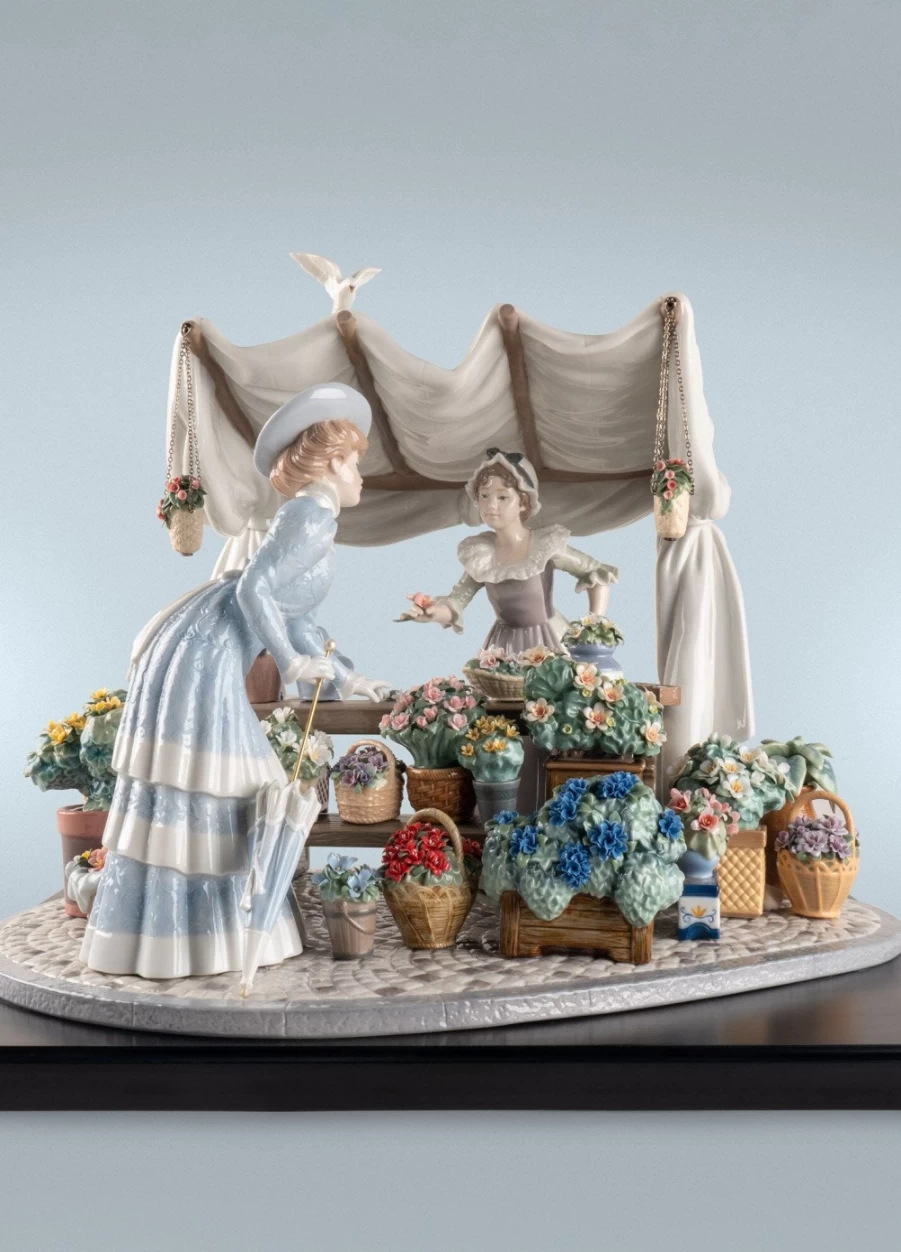 "Lladró Limited Edition Flowers Market Sculpture – Collectible Porcelain Art Figurine"