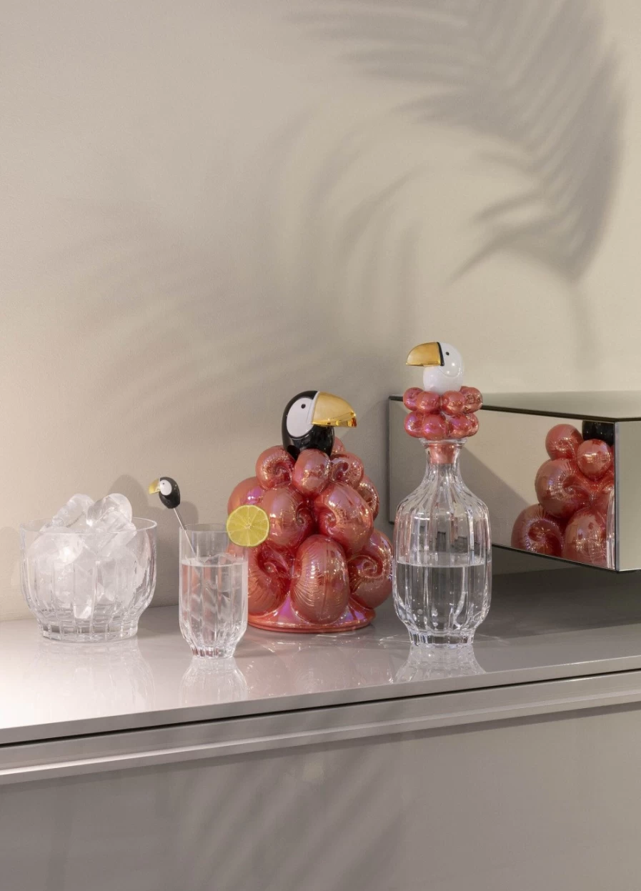 Lladró Toucan Crystal Highball Glasses Set with Golden Stirrers – 2 Tall Elegant Drinking Cups
