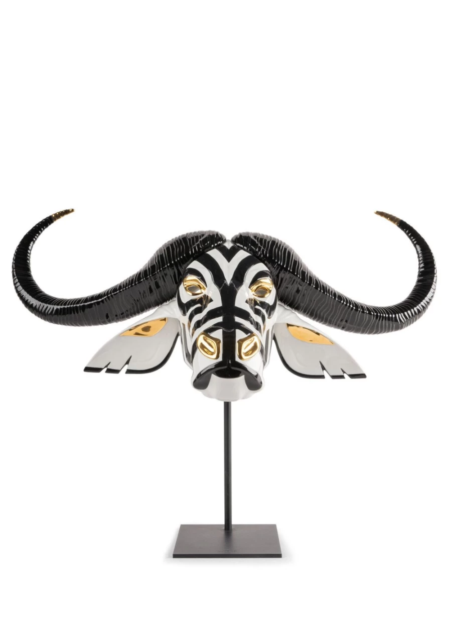 Lladró Buffalo Mask Sculpture - Black and Gold Porcelain Art Piece