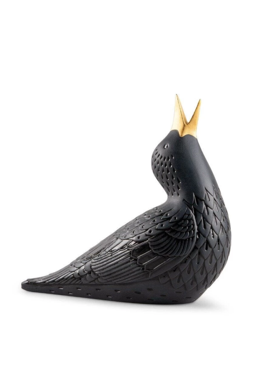 Lladró Starling I Figurine - Black Porcelain Bird Sculpture