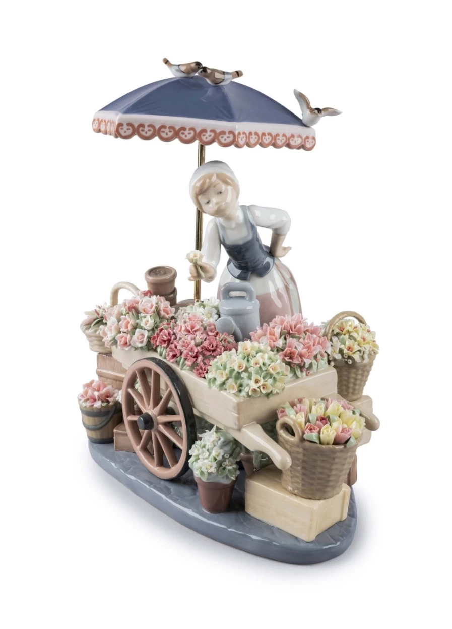 "Lladró Porcelain Sculpture: Elegant Woman with Seasonal Flowers Art Piece"