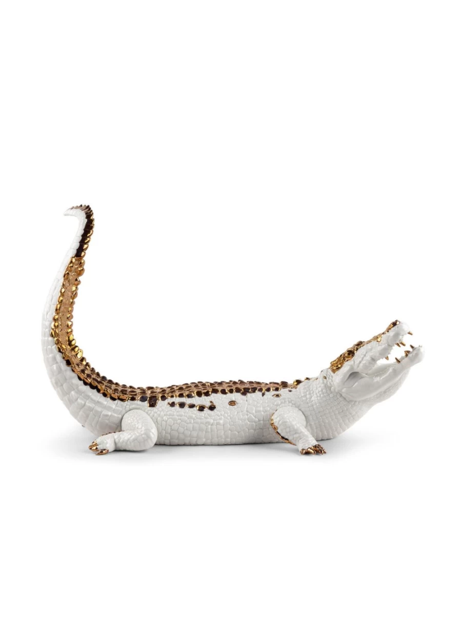 Lladró White and Copper Crocodile Figurine - Handcrafted Porcelain Collectible